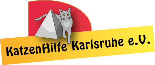 Graue Katze neben der Karlsruher Marktplatz-Pyramide über einem Schriftzug "KatzenHilfe Karlsruhe e.V.